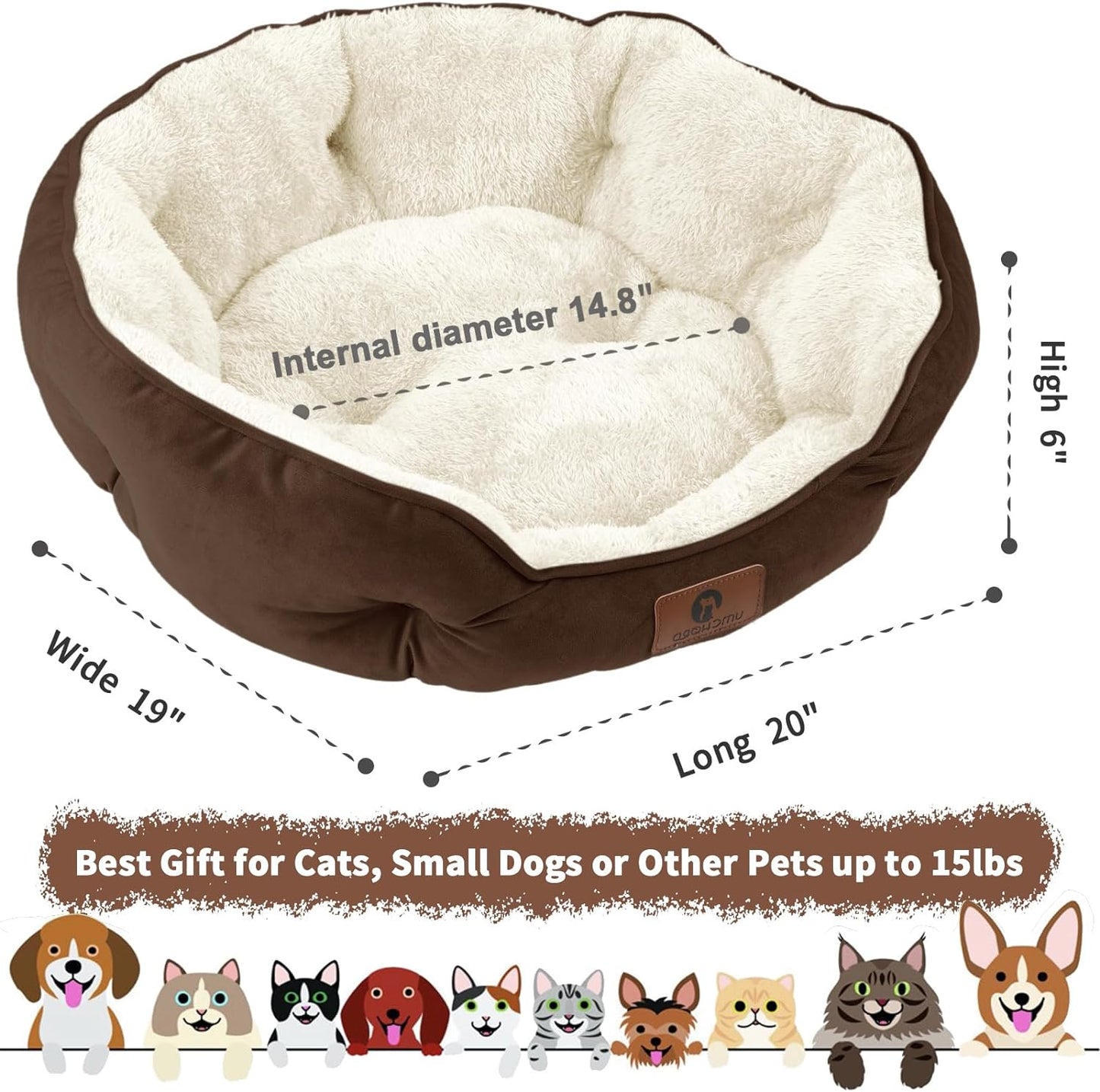 Cozy Pet Bed for Small Dogs and Cats - Extra Soft, Machine Washable, Anti-Slip Bottom - Brown, 20 Inches